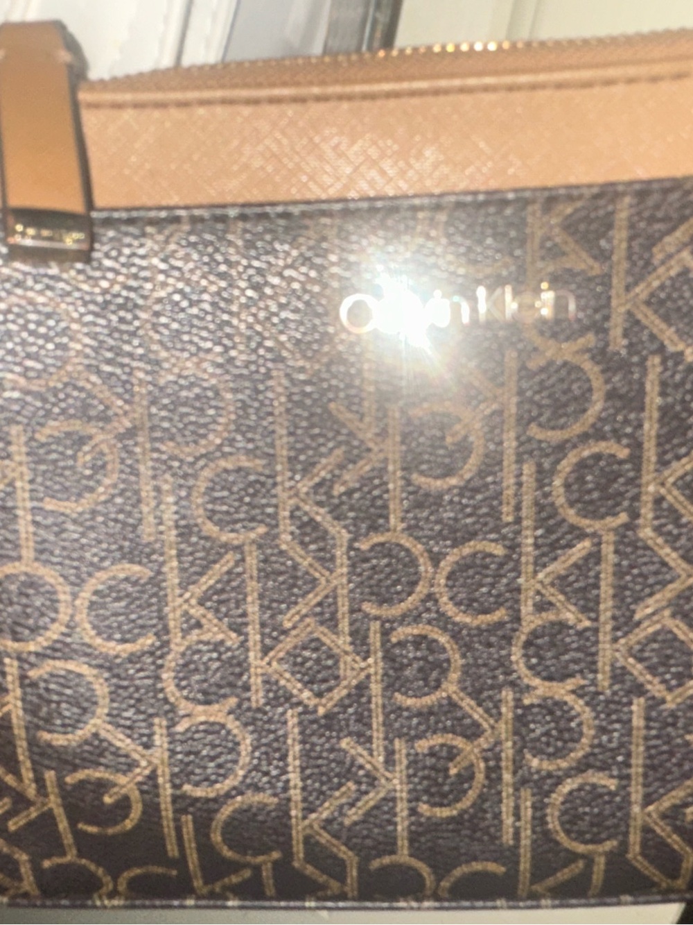 Calvin Klein Tan Trim Shoulder Bag with Gold Hardware